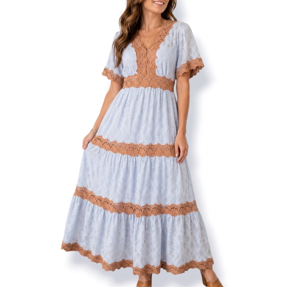 Davi & Dani Blue Lace Trim Tiered Maxi Dress Cottagecore Boho Dress Romantic
